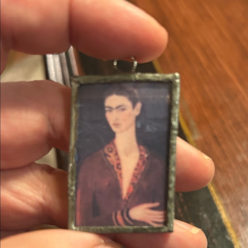 Frida Kahlo Portrait Rectangular Pendant Necklace in Brown-Toned Frame